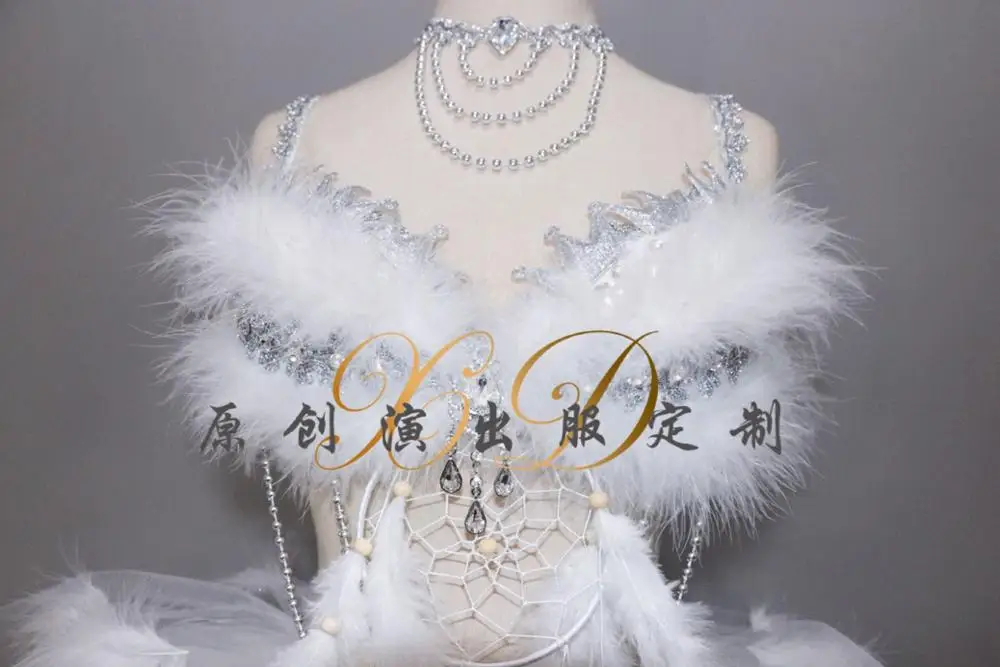 Sexy See-through White Feathers Bodysuits Crystals Bikini Bubble Skirt Set Women Nightclub Clothing Dancer DJ DS Stage Costume