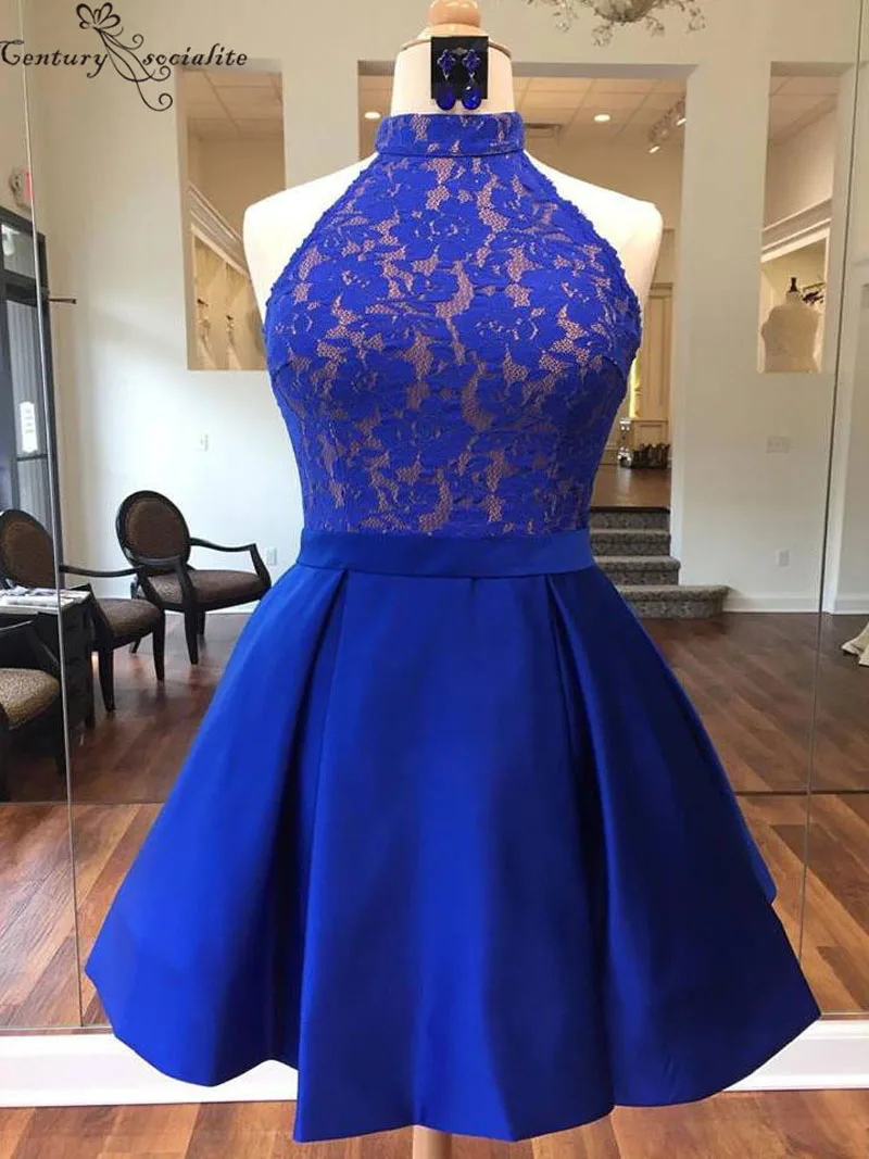 Royal Blue Королевского синего цвета, короткие платья для выпускного платья с круглым вырезом на молнии сзади кружевное атласное мини коктейльное выпускное платье - Цвет: Royal Blue