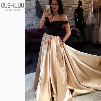 

Contrast Color Prom Dresses Gown Black Rhinestone Off The Shoulder Sweetheart Court Train Champagne Skirt Long Party Wear