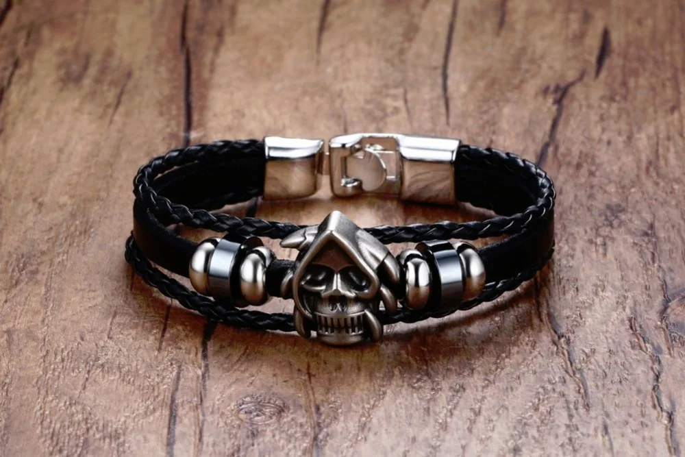 Mens Bracelets Braided Faux Leather & Skull Beaded Bracelet In Black Alloy Wristband Cuff Bangle Men Vintage Jewelry Accessories Pulseira Masculina 17