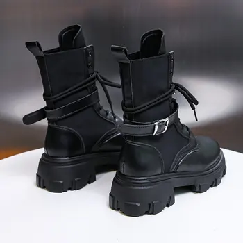 

2020 Combat Women Boots Autumn Female Platform Gothic Shoes Black Leather Boots Women Fashion Mid Calf Boots