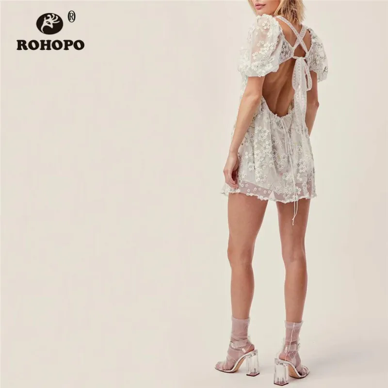 ROHOPO, Двухслойное, Сетчатое, кружевное, с вышивкой, с пышными рукавами, с открытой спиной, вечерние, шифоновое, женское, Бандажное, с галстуком, воротник, Vestido# E49086