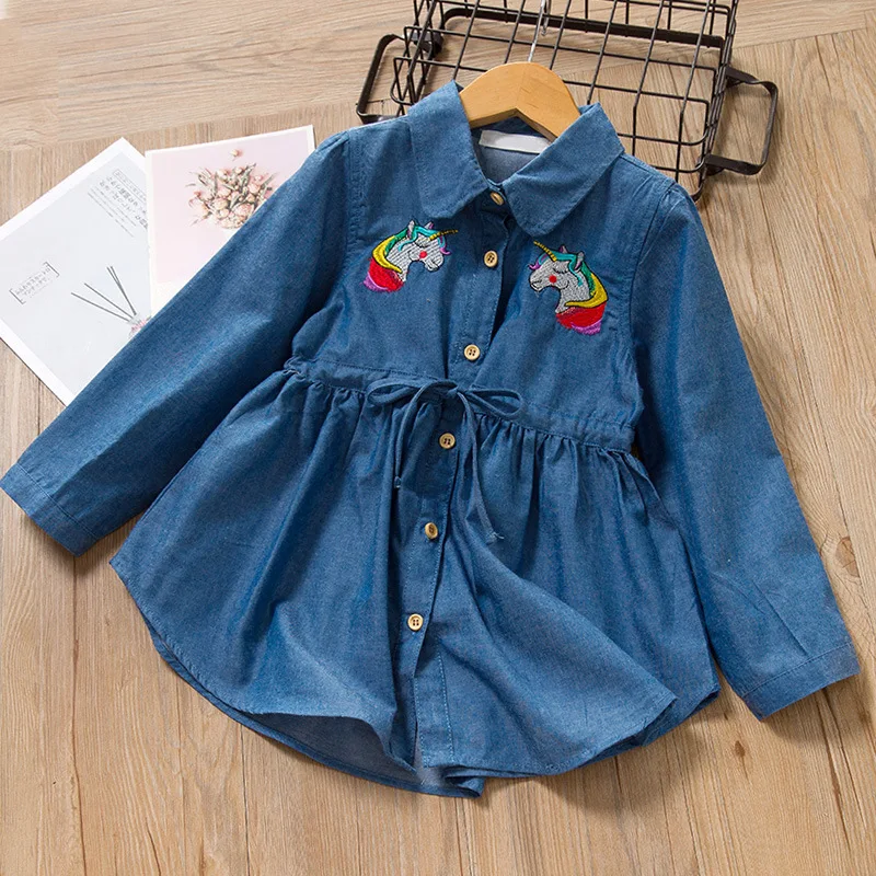 

Unicorn Blue Jeans Dress Kids Baby Girls Denim Princess Dress Children Long Sleeve Spring Autumn Casual Clothes