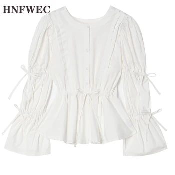 

Spring Autumn 2020 Women Bandage Pleated Temperament Blouse New Round Neck Long Sleeve Loose Fit Shirt Fashion Tide V834