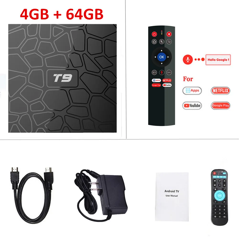 4G 64G voice remote T9 RK3318 9,0 Android ТВ приставка 4 Гб ОЗУ 64 ГБ 32 ГБ H.265 4K Google Voice T9 2GB16GB телеприставка Android 8,1 2,4G/5G двойной wifi - Цвет: 4G 64G voice remote