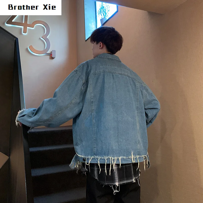

Autumn Denim Jacket Men's Fashion Wash Solid Color Casual Hole Denim Jacket Man Streetwear Wild Hip Hop Loose Bomber Jacket Mens