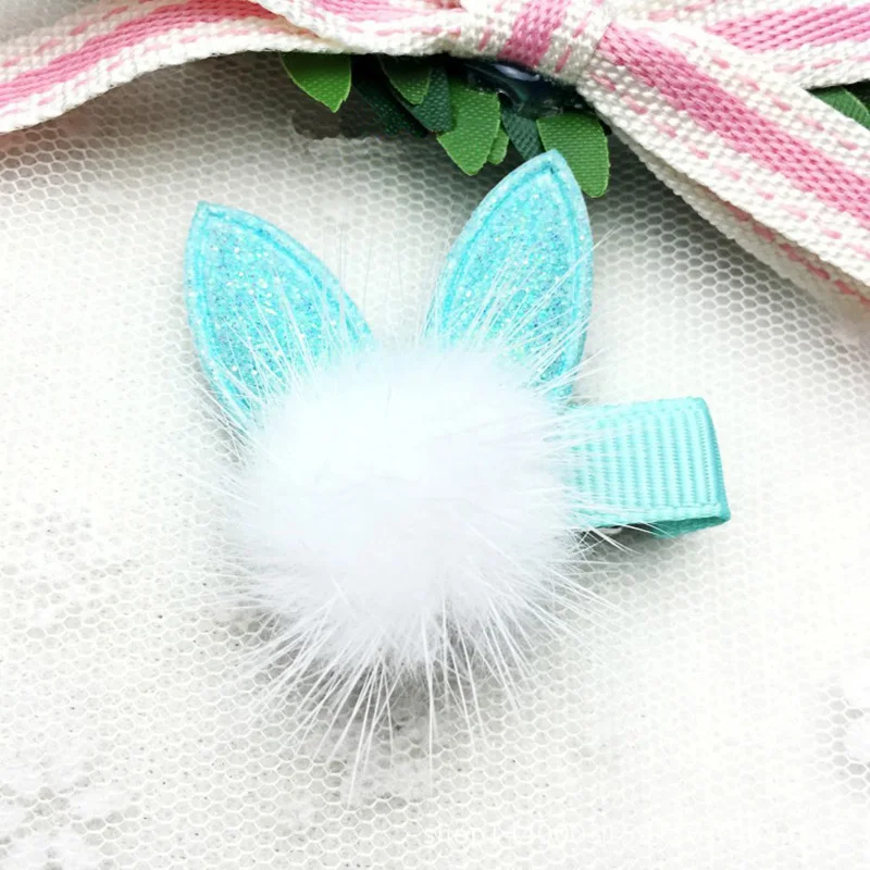 Blue rabbit ear 60 шт./партия,, шарик из кроличьего меха, милые заколки для волос, помпон с блестками, заколки для волос с заячьими ушками, заколки для волос, бутик BB клипсы - Цвет: Blue rabbit ear