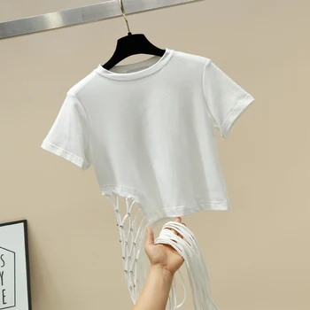 

Fashion Cotton Short Sleeve T-shirt Women's Slim-Fit 2020 Spring and Summer New Tassel Beaded White T-shirt Tees Tops Female