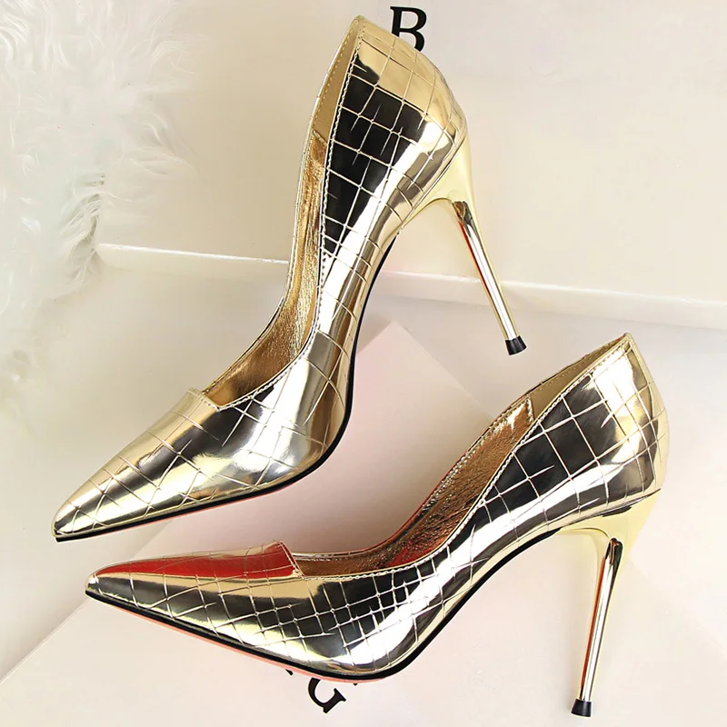 

2020 Plus Size Women 9.5cm High Heels Fetish Glitter Fetish Scarpins Pumps Stiletto Wedding Bridal Valentine Prom Talons Shoes