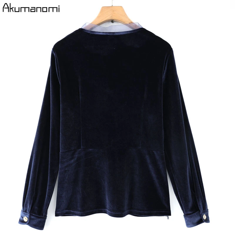 Осень Бархат, велюр блузка женская рубашка плюс размер 5XL фиолетовая сетка v-образный вырез длинный рукав Повседневная рубашка Топы Cime Chemisier Bluse