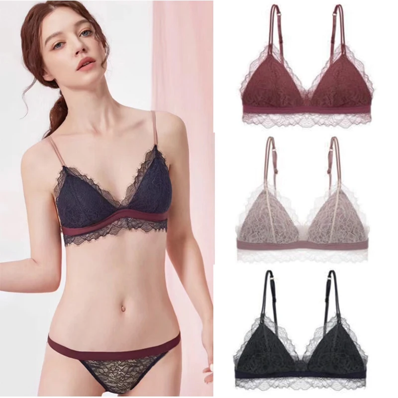 

French Thin Girl with Comfortable Triangle Cup Underwear Together Small Breasts Sexy Lace Without Rims 4 Colors Gather Clients