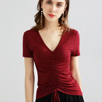 

Europe New Women Summer Spring High Street Fashion Sexy V Neck Short Sleeve Solid Cotton T Shirt Tops Ladies Slim Elegant Shirts