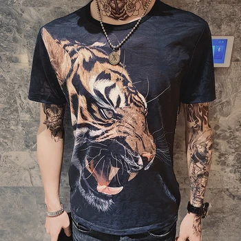 

Tiger Head Printing T Shirts Mens Social Camisa Homens 2019 Summer Night Club Outfits Slim Fit Short Sleeves Mode Man Kledin