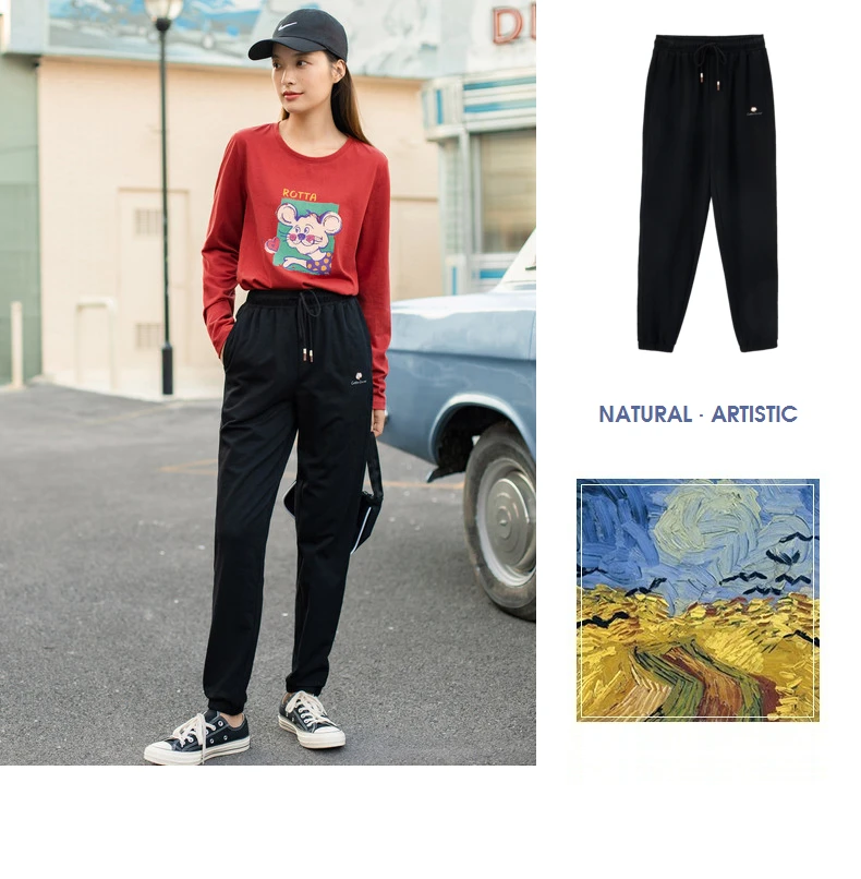 INMAN 2020 Autumn New Arrival Drawstring Elastic Waist Cotton Embroidery Micro-elastic Pencil Trousers