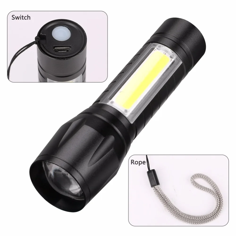 USB Charging Powerful Flashlight 3800LM XPE COB LED Flash Light Zoomable Tactical Torch Lamp+Battery+Box Upgrade Newest Design