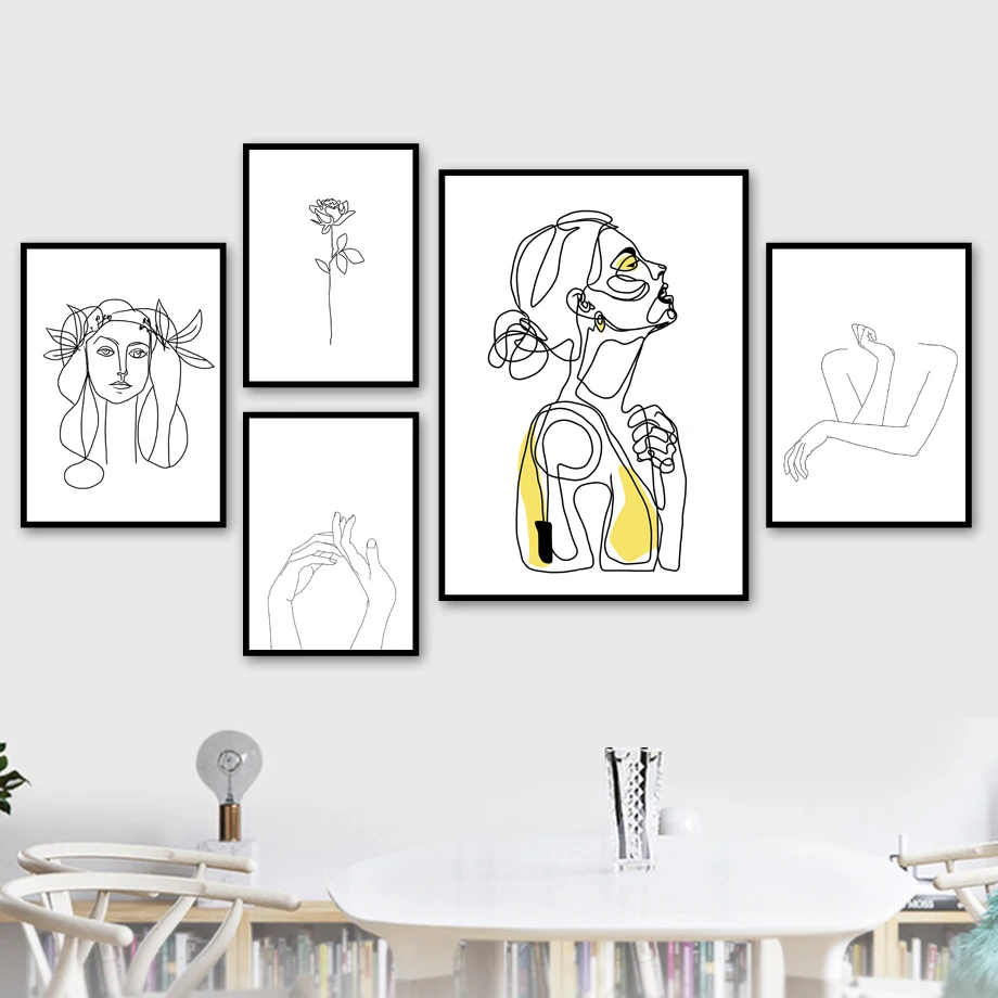 

Abstract Girl Retro Line flower Wall Art Print Canvas Painting Nordic Canvas Posters And Prints Wall Pictures For Living Room
