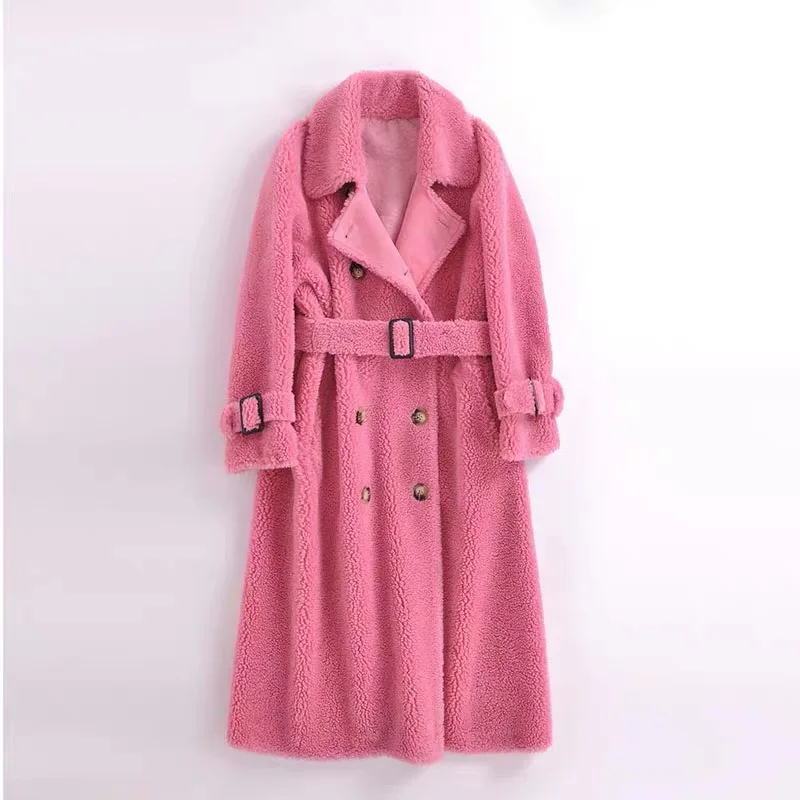 SY12, осенне-зимнее женское пальто из 30% шерсти, меховое пальто, а-образное, на пуговицах, с карманами, для стрижки овец, для девушек, теплое меховое пальто, женская длинная куртка, пальто - Цвет: pink