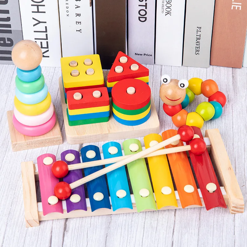 HOT SALE Baby Toys Colorful Wooden Blocks Baby Music Rattles Graphic Cognition Early Educational Toys For 3