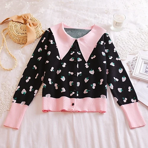 black cardigan Woherb Японский милый свитер для женщин с клубничным принтом в стиле пэчворк Женский вязаный кардиган Осень Kawaii милые свитера 90594 - Цвет: black cardigan
