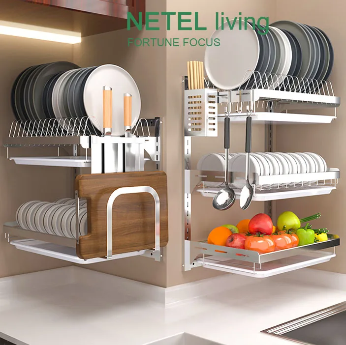 

Kitchen Dish Rack Hanging Drying Dish Organizer Storage Shelf over the Sink,2/3 Tier Wall Mount Bowl Holder with Drain Tray
