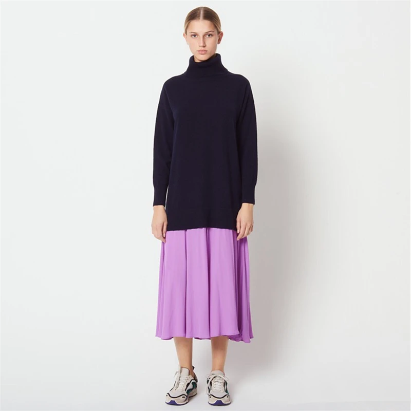 Tunjuefs свободное открытое вязаное платье для женщин Vestido водолазка Шифон Подол лоскутное одеяло длинный рукав пуловеры для подиума зима