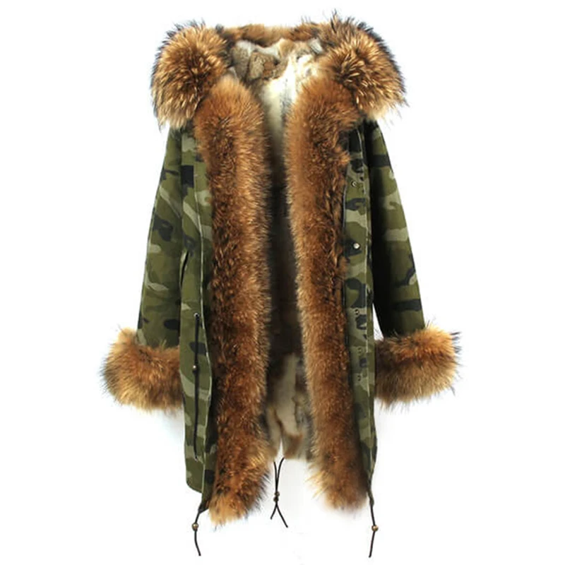 Camouflage 2 Новая зимняя парка из натурального меха для женщин с большим капюшоном, подкладка из меха енота, парка из натурального меха, Длинная Женская Толстая теплая верхняя одежда - Цвет: Camouflage 2
