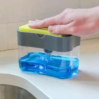 

Soap Pump Dispenser with Sponge Holder Cleaning Liquid Dispenser Container Manual Press Soap Organizer Kitchen Cleaner Tool