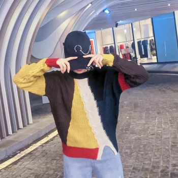 

SexeMara fashion The New Loose Color matching Sleeve Round neck knitting Sweater free shipping