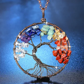 

Top Sale 100pcs 7 Chakra Tree Of Life Pendant Necklace Crystal Natural Stone Clavicle Chain Necklace for Women Birthday Gift