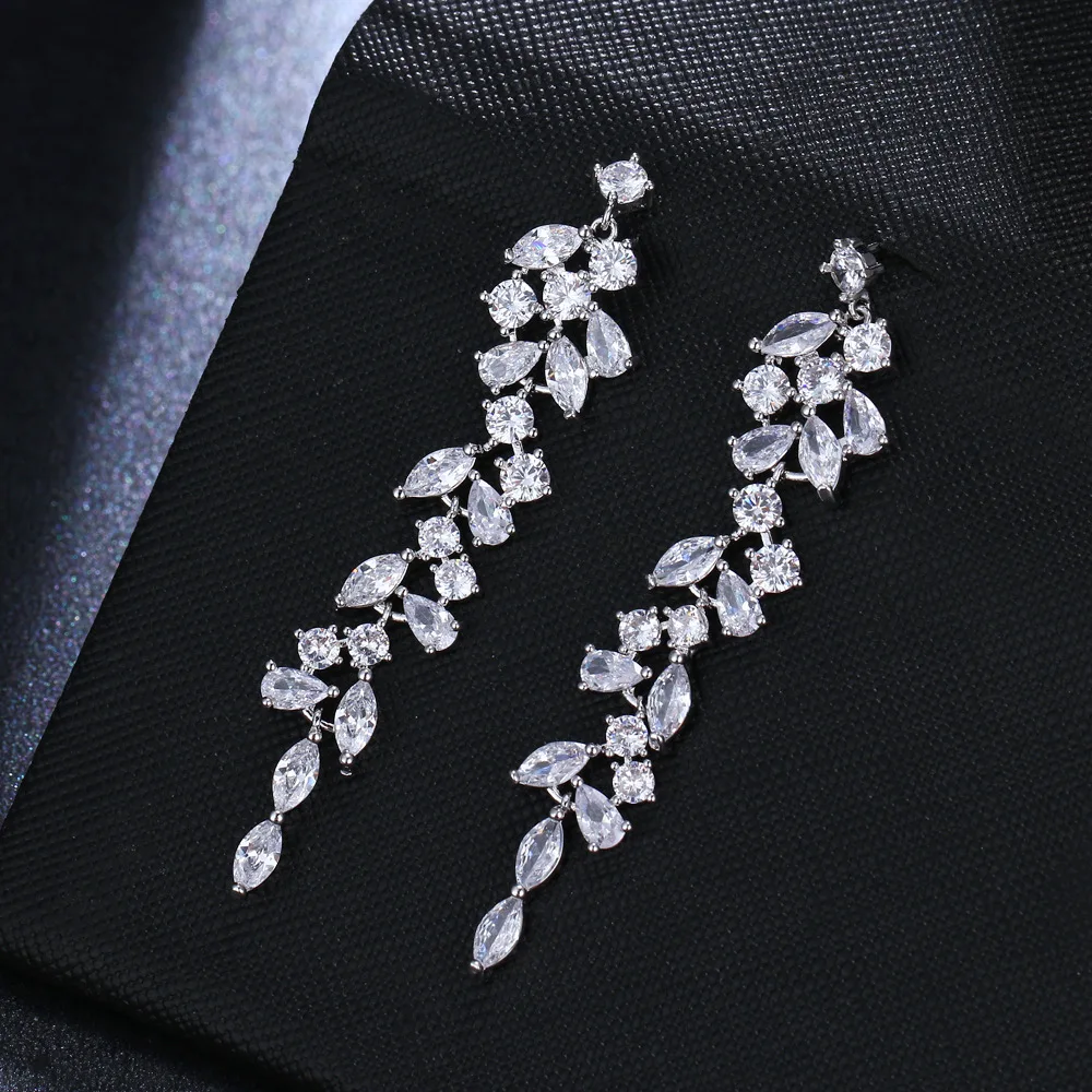 Ekopdee INS Fashion Long Cubic Zirconia Statement Tassel Earrings Bling CZ Hypoallergenic Earrings Bridal Wedding Jewelry Gift