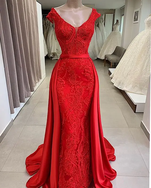 Abiye Дубай красный гипюр юбка-годе вечерние платья с Атласным Шлейфом с v-образным вырезом и длинным рукавом Формальные Вечерние платья для женщин