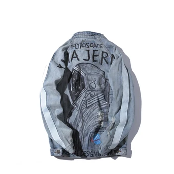 

Men Streetwear Graffiti Appliques Printed Jeans Jacket Retro Hole Hip Hop Loose Patchwork Denim Jacket Fashion Brand Cotton Coat
