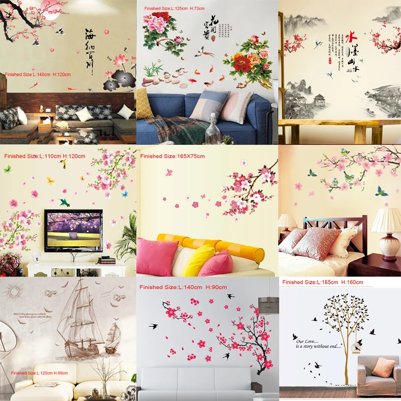 PVC Wall Stickers Pink Butterflies Bird Peach Blossom Chinese Style Decal For Home Room Decor DIY Art Flower Sticker Poster | Дом и сад