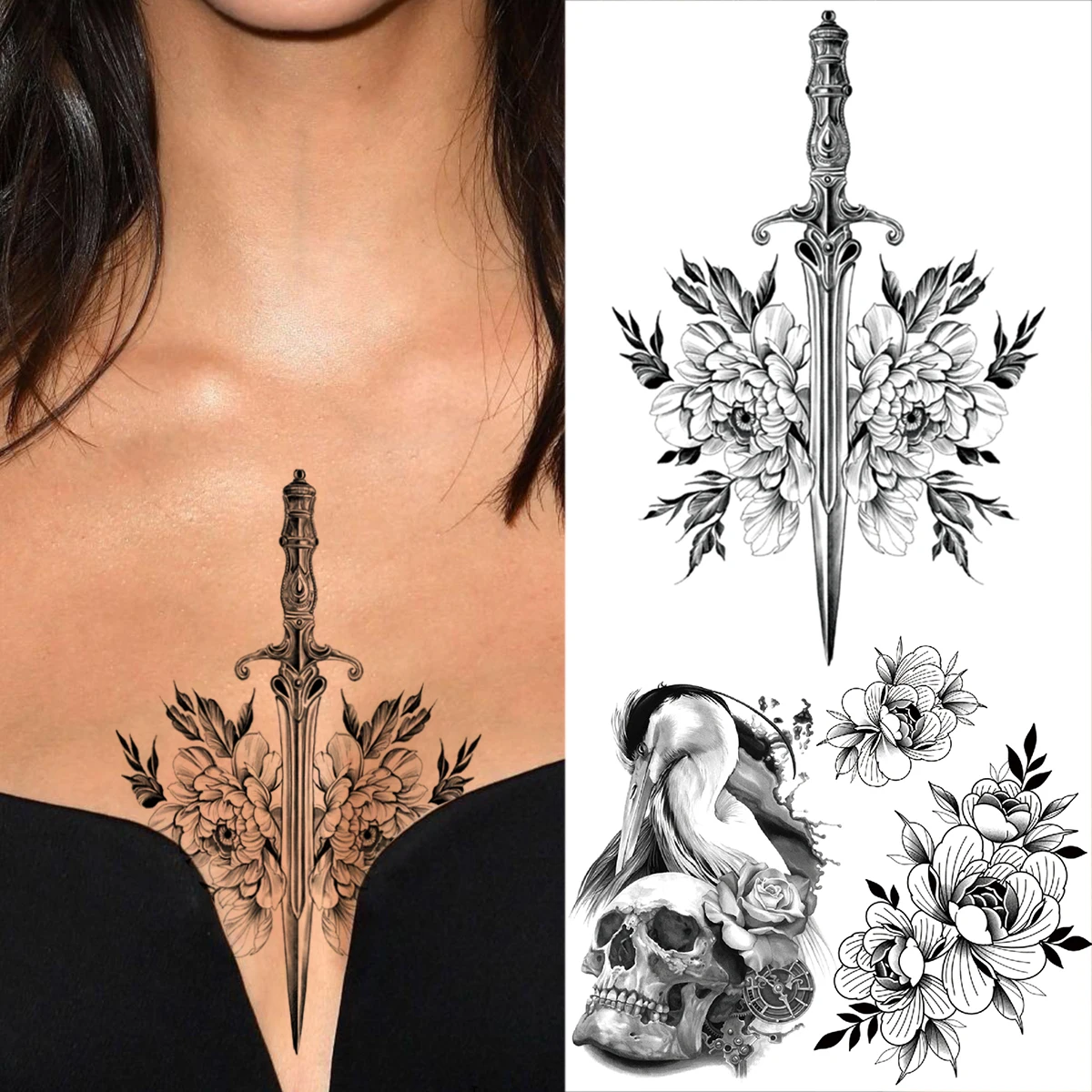 

Black Sword Flower Temporary Tattoos For Women Men Realistic Flamingo Skull Fake Tattoo DIY Sticker Hand Back Art Tatoo Paste