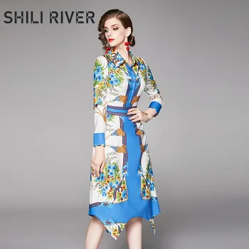 

New spring autumn shirt dress for women a line long sleeve slim casual elegant floral print button blue midi dress with collar