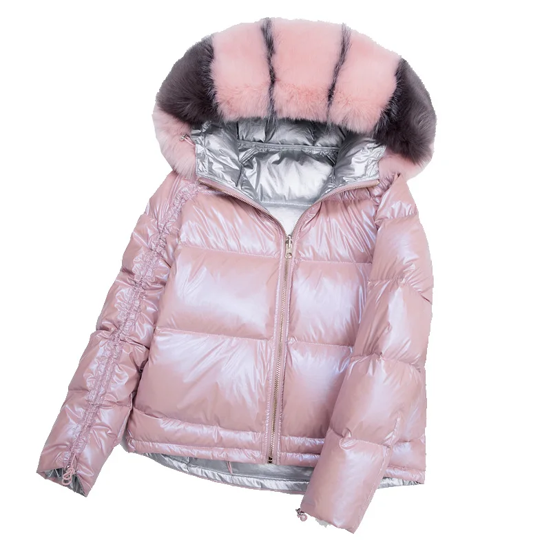 

2019 Winter new fur Fox Collar Down Jacket double-sided wearing a net red and silver Pink Coat short Winter Coat Women