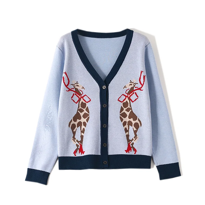 New Fashion Women Cardigan Autumn Winter Knitwear Sweater Coat V-neck Giraffe Pattern Lady Cardigans Clothing |