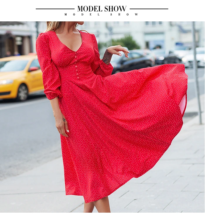 Southpire Sexy Red Long Dress For Women Dot Printing Deep V-neck A-line Dress Elegant Spring Summer Party Vestidos