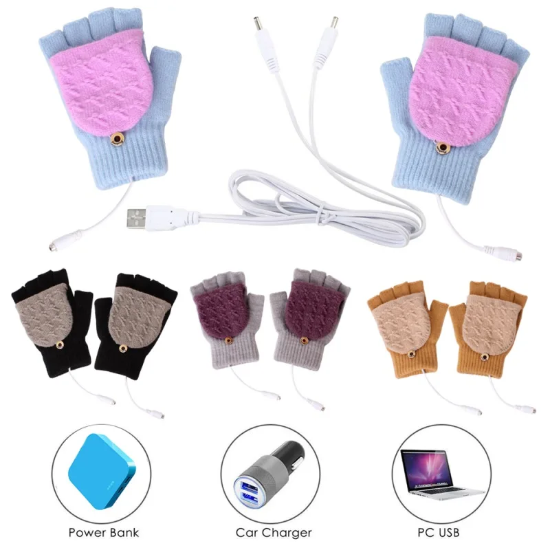 USB, для взрослых, с подогревом, мужские перчатки, женские, зимние, детские, теплые перчатки, вязанные, на половину пальца, перчатки для мальчиков и девочек, простые варежки