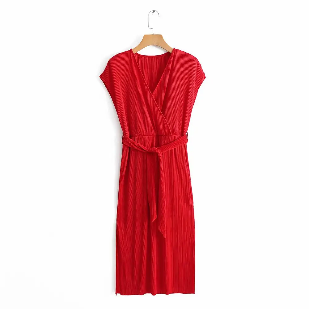 

women elegant red V neck midi dress bow tie sashes sleeveless elastic female stylish mid calf dresses solid vestidos