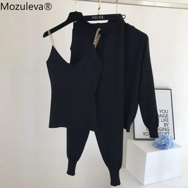 mozuleva  Women 2020 Autumn Winter Knitted  Vest Zipper Cardigans Pants 3pcs Sets Tracksuits Outfits