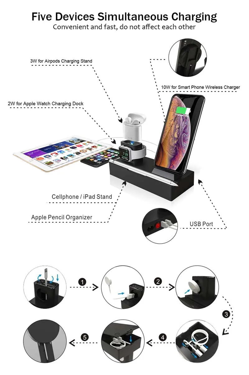 8 в 1 беспроводная зарядная подставка для iPhone Airpods Apple Watch быстрая док-станция для зарядки для iPhone XS MAX XR 8 Plus samsung