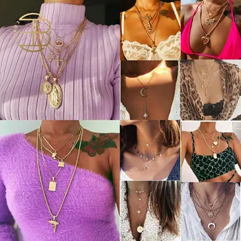

Fashion Multiple Layer Gold Chain Necklace Women's Geometric Butterfly Letter Coin Cross Flower Pendant Gold Necklace For Women