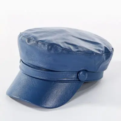 Women Fashion Leather Military Hats Winter Vintage Black Leather Snapback Caps Female Newsboy Hat Casequette Beret Caps - Цвет: blue