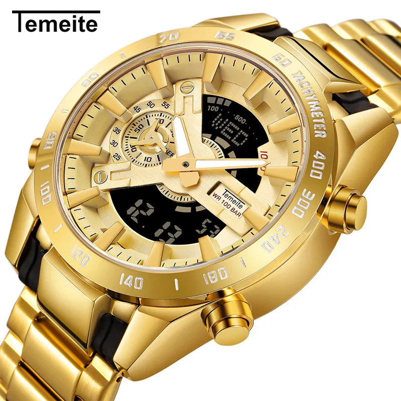 

TEMEITE New Fashion Mens Quartz Watches Gold Stainless Steel Men Watch Big Dial Waterproof Wristwatch for men Relogio Masculino
