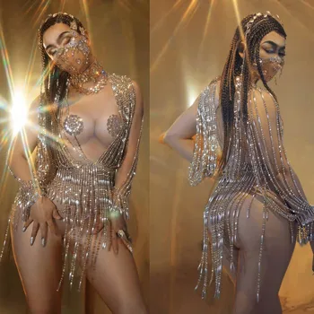 

Nightclub Party Sexy Long Tassel Crystal Bodysuit Women Egypt Queen Role Cosplay Elastic Rhinestone Jumpsuit Stage Dance Leotard