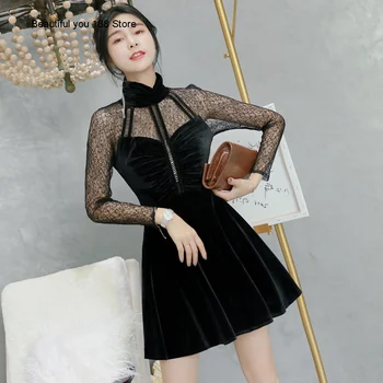 

women's new 2020 Autumn sexy stand collar velvet stitching lace A- line skirt dress