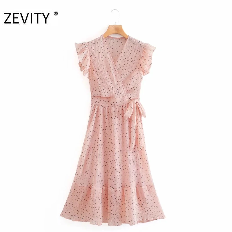 ZEVITY women elegant cross v neck polka dot print pleated dress lady pleated ruffles side zipper vestido chic bow dresses DS4281 ZEVITY women elegant cross v neck polka dot print pleated dress lady pleated ruffles side zipper vestido chic bow dresses DS4281