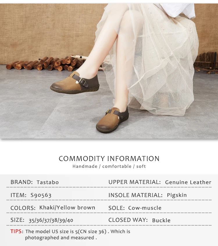 Tastabo женская обувь ручной работы из натуральной кожи; Удобная подкладка; простой дизайн; цвет хаки, желтый, коричневый; мягкая обувь на плоской подошве; Размеры 35-40; S90563