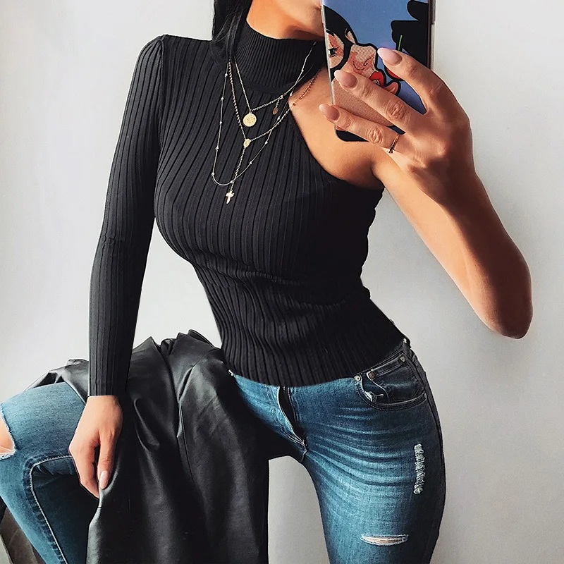 Black WannaThis черная Асимметричная рубашка с рукавом на одно плечо женская повседневная открытая с открытыми плечами облегающая Осенняя Модная рубашка эластичный Топ - Цвет: Black